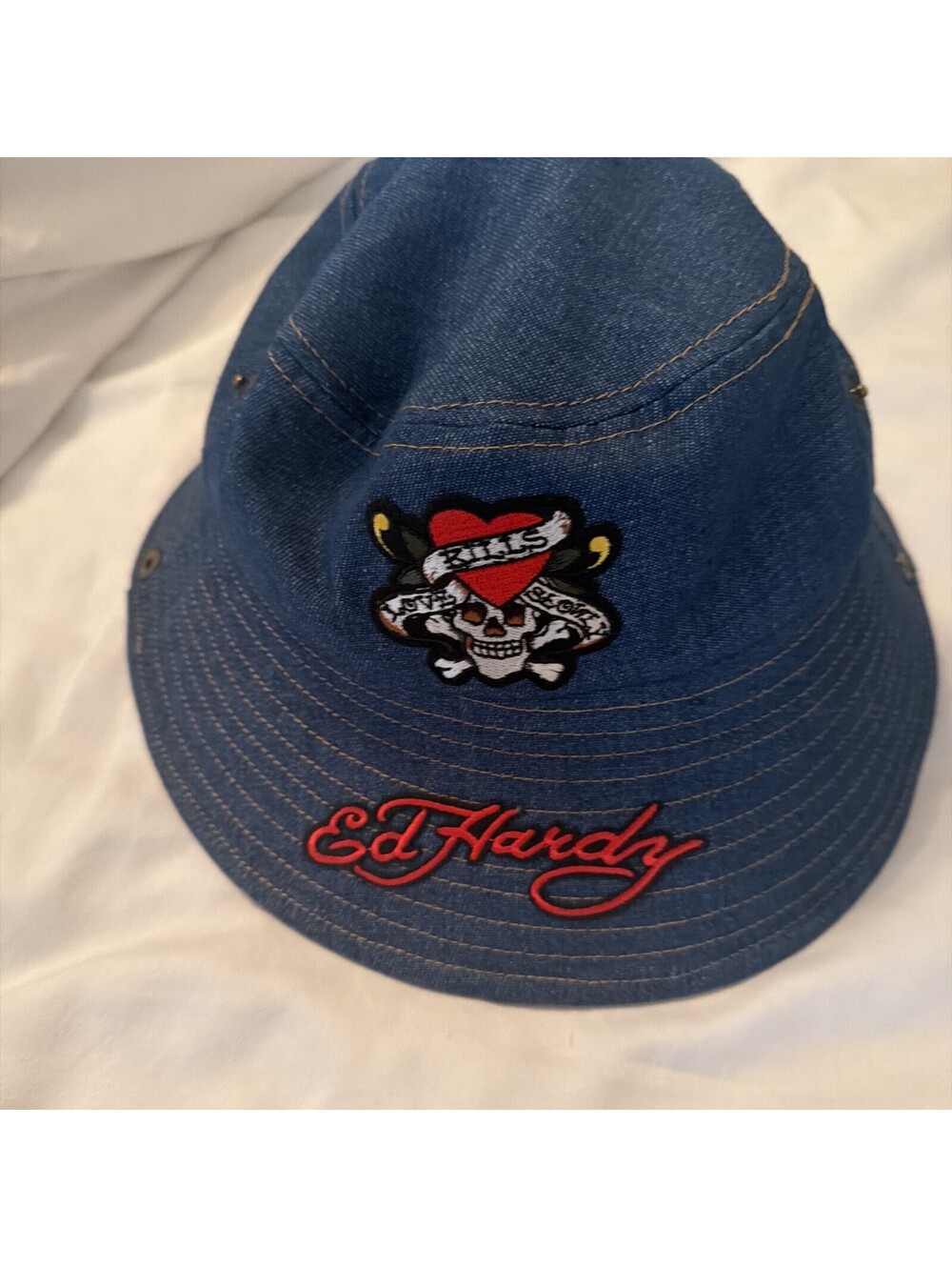 Ed Hardy Denim Bucket Hat Blue Skull Heart Embroidered Logo O/S NWT